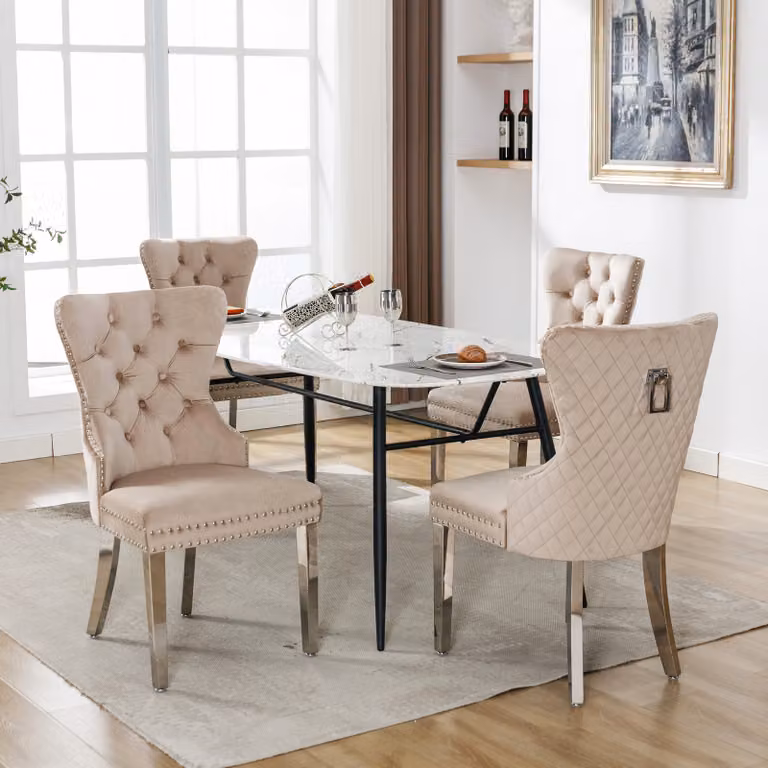 Set di 4 sedie da pranzo Flieks, sedie da cucina imbottite con gambe in acciaio inox, sedia da pranzo con rivestimento in velluto, beige