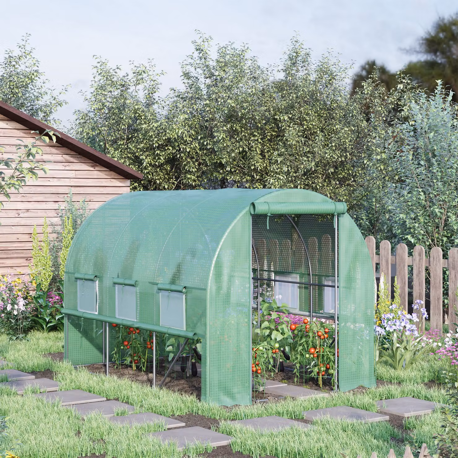 Outsunny Serra per Orto in Acciaio con Copertura PE e Porte con Zip, Verde, L/P/H: 300 x 200 x 200 cm – 2