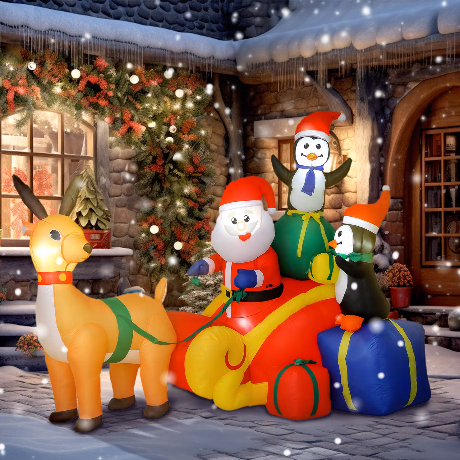 Decorazione Gonfiabile di Natale Outsunny con Babbo Natale, Slitta, Pinguini e Renne, Luci LED Multicolore, L/P/H: 180 x 120 x 155 cm – 2