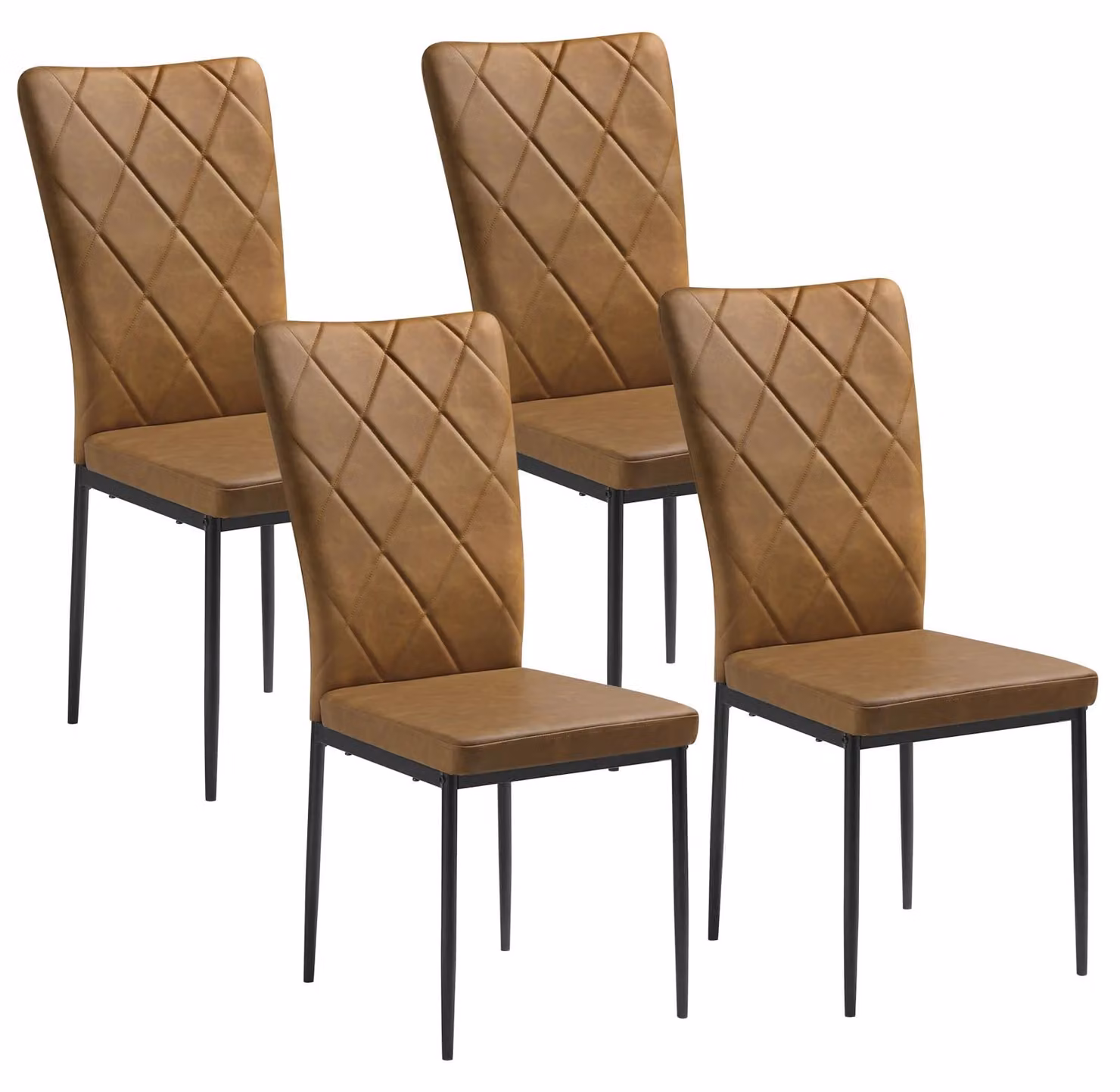 Set di 4 sedie da pranzo - Sedie per la sala da pranzo - Schienale alto - Imbottite - Gambe in metallo - Aspetto in pelle - Colore marrone pelle