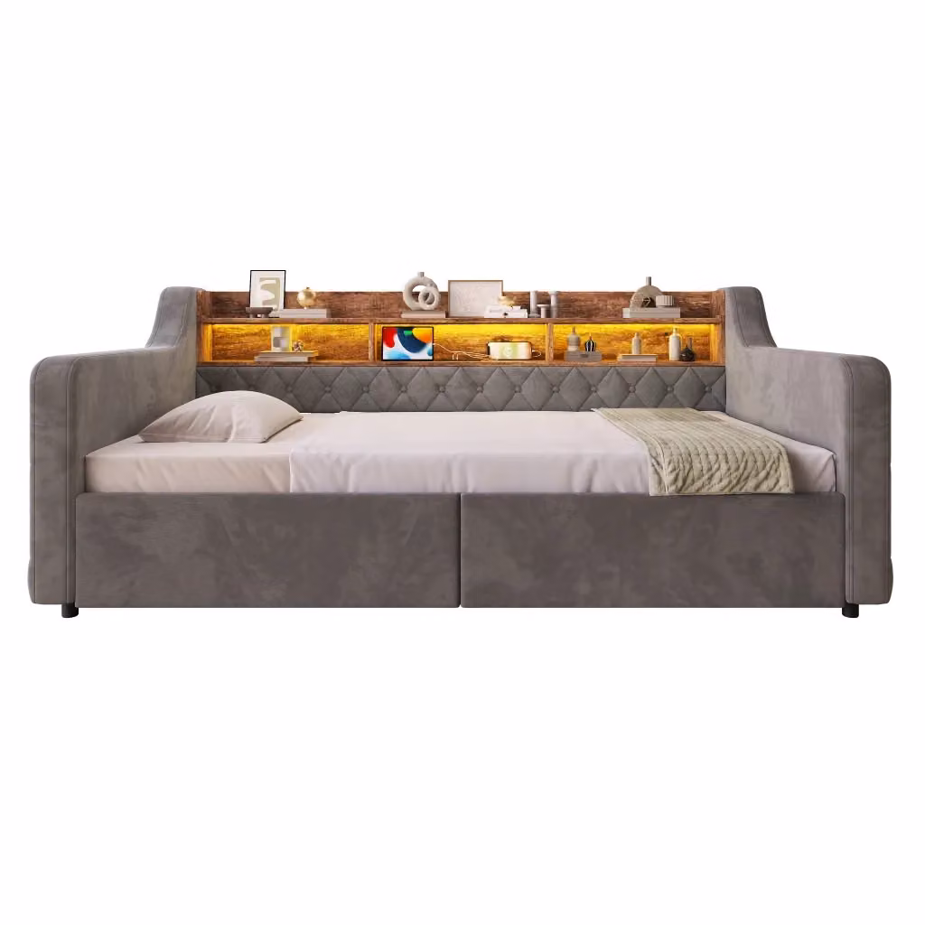 Letto singolo imbottito Chicfurn in tessuto grigio con cassetti, illuminazione LED sotto il letto, testiera con ripiani e porte USB e Type-C, L/P/H: 90 x 190 x 107 cm – 2