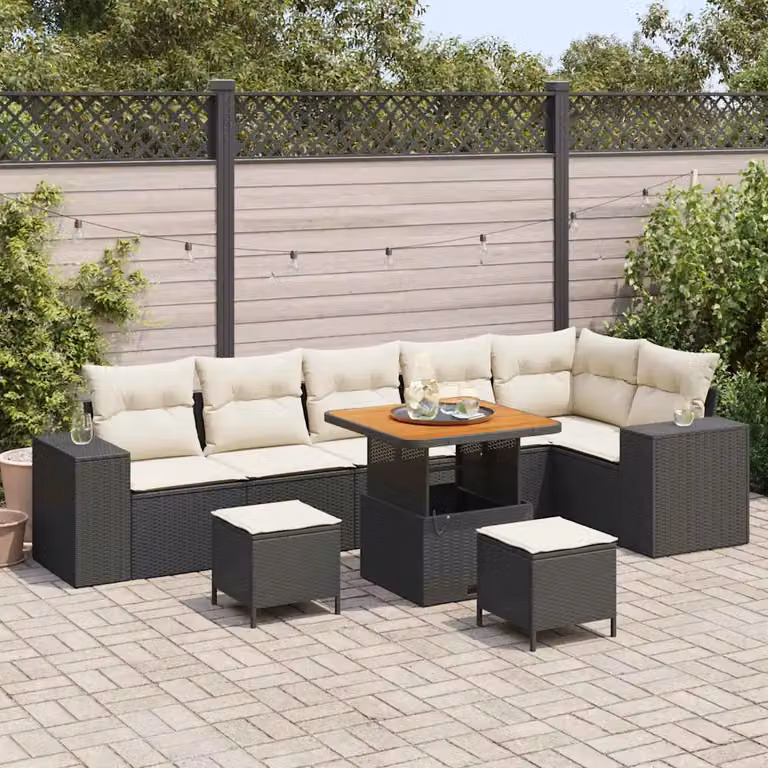 Set Divano da Giardino vidaXL 9 Pezzi Nero con Cuscini e Tavolino in Polyrattan e Acciaio