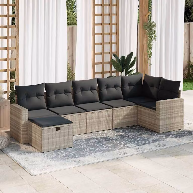 Set di divani da giardino vidaXL a forma di L composto da 7 pezzi con cuscini grigi in rattan e struttura in metallo