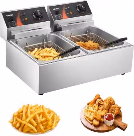 Friggitrice Commerciale Doppia Vasca Vevor in Acciaio Inossidabile Argento con Doppio Controllo della Temperatura e Potenza 5000 W