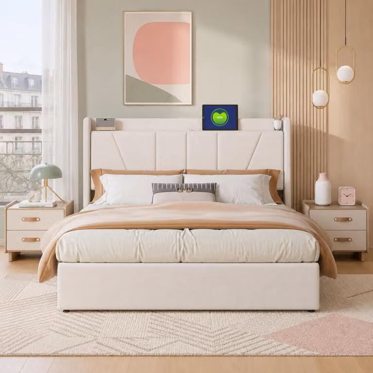 Letto matrimoniale con boxspring, dimensioni 140x200 cm, dotato di porte USB e di tipo C, con struttura imbottita, sistema di sollevamento idraulico e spazio contenitore, completo di rete a doghe, rivestito in lino color beige