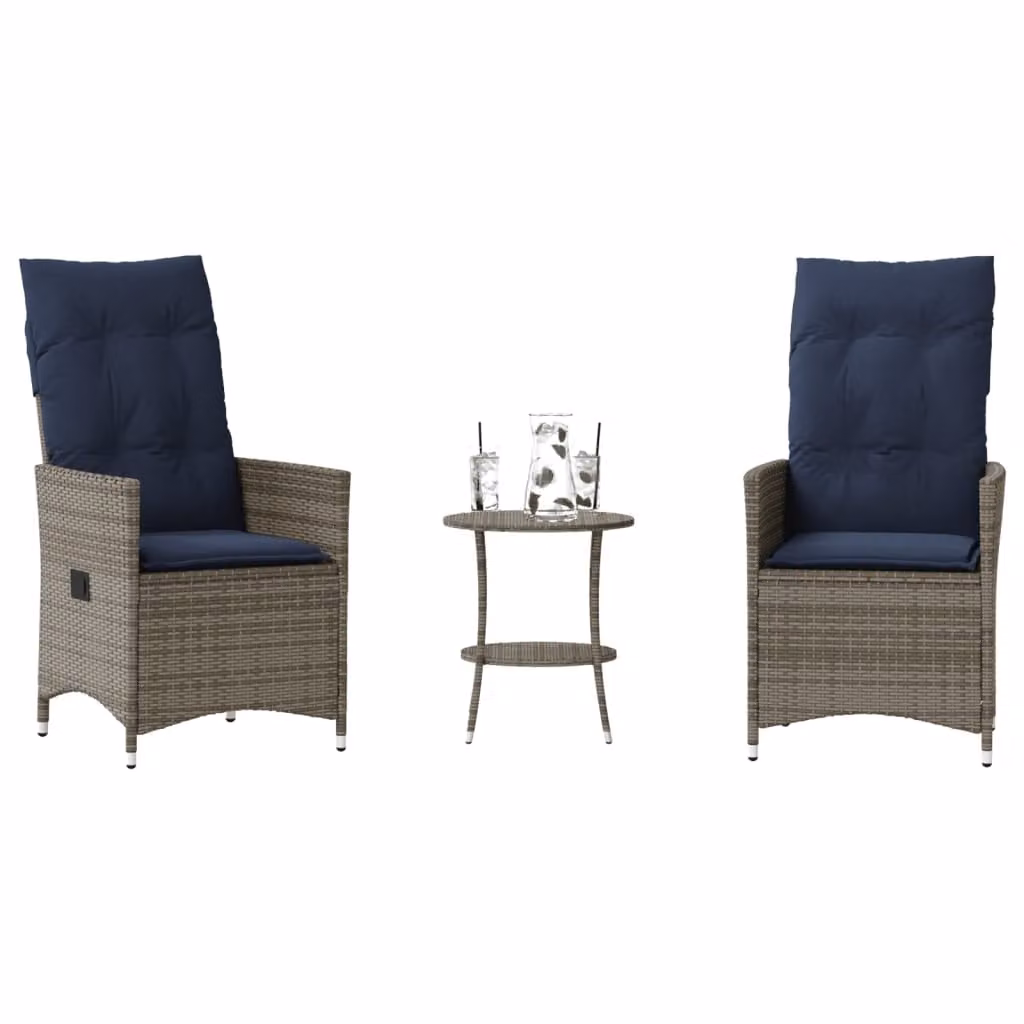 Set da Bistrot vidaXL in Polyrattan Grigio con Cuscini Blu per Giardino e Balcone