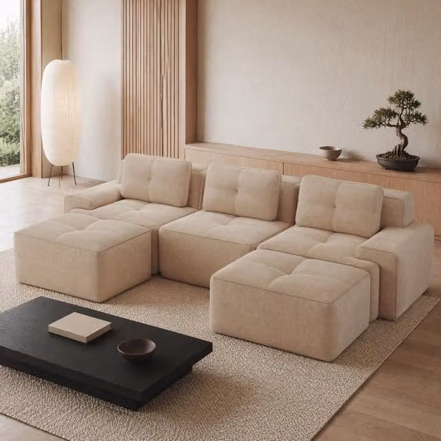 Divano modulare a U 293x177x69 cm in corduroy beige; senza montaggio