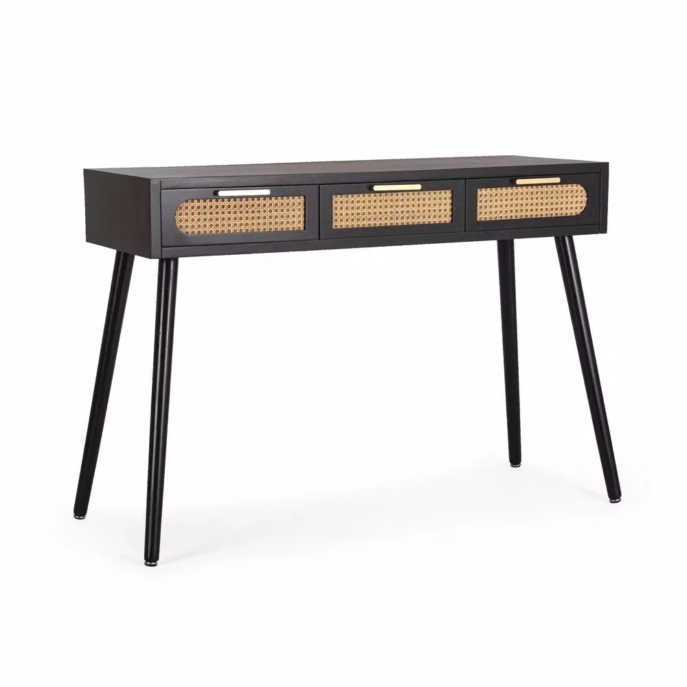 Consolle JOSINE in stile industriale con finitura nera opaca e dettagli in legno e rattan, Larghezza: 110 cm – 2