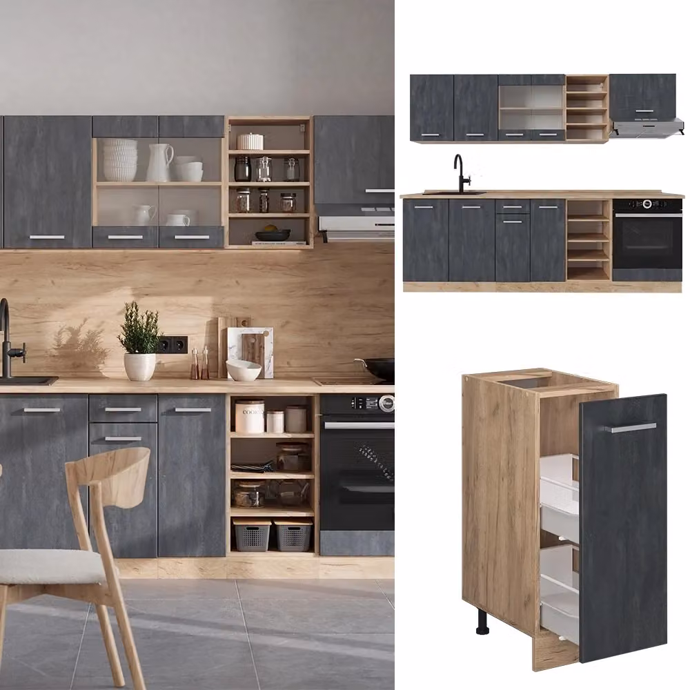 Cucina componibile moderna Vicco R-Line in legno e plastica, colore nero opaco e rovere, L: 240 cm, senza piano di lavoro – 2