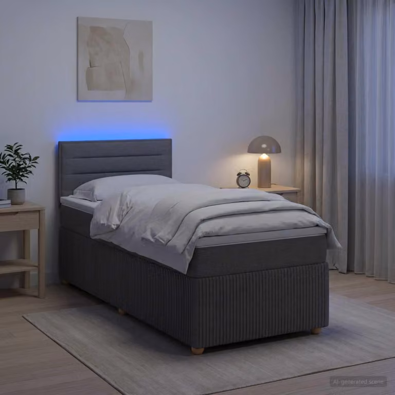 Letto a molle insacchettate "Maison Exclusive" con materasso e illuminazione LED, colore grigio scuro, dimensioni 90 x 190 cm, rivestito in tessuto