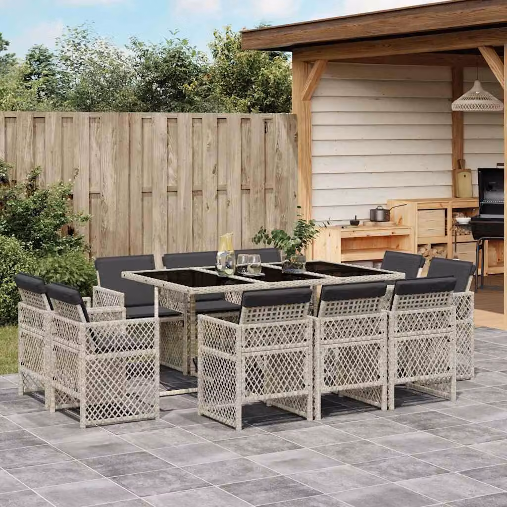 Set da pranzo da giardino vidaXL in polyrattan con cuscini e piano in vetro, 11 pezzi, antracite – 1