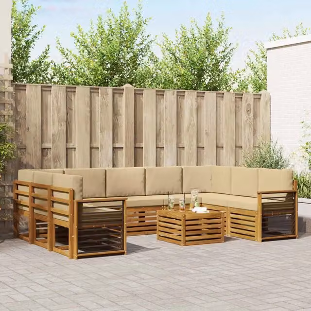 Set di divani da esterno a forma di U vidaXL in legno di acacia con tavolino da caffè e cuscini, Beige e Marrone – 1