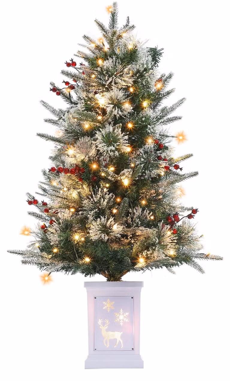 Albero di Natale artificiale, innevato, 90 cm (3.0 piedi), con rami fitti che ricordano un abete o un pino, con luci LED e punte degli aghi innevate. Montaggio con sistema a cerniera, dotato di base in metallo