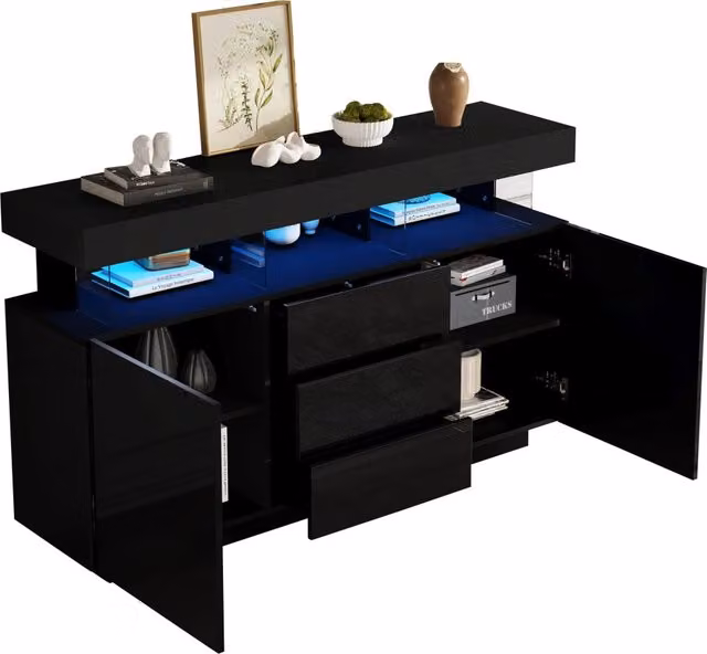 Credenza e madia moderna con illuminazione LED, 3 cassetti e 2 ante scorrevoli, finitura nera lucida per cucina e soggiorno, L 140 x P 35 x H 80 cm – 1