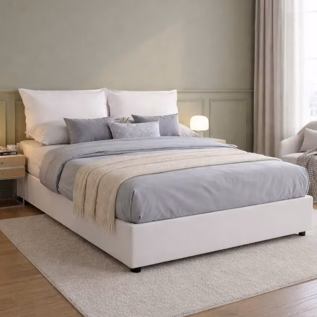 Letto matrimoniale contenitore Asler con rivestimento in ecopelle bianco, adatto per materasso 140x200 cm
