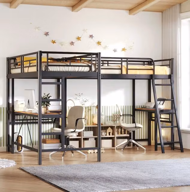 Letto a soppalco 90x200 cm con scrivania incorporata e doppia scala, struttura in metallo nero