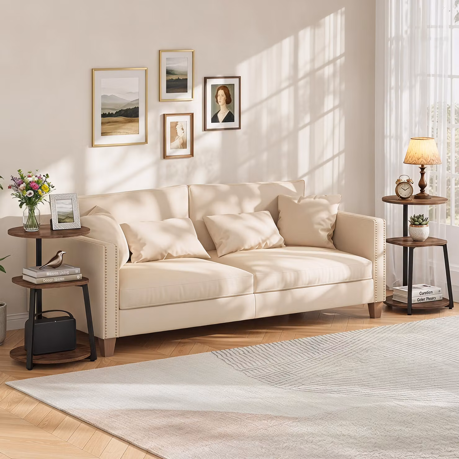 Set di 2 tavolini da caffè Costway con 3 ripiani, struttura in metallo e legno marrone, ideale per soggiorno e camera da letto