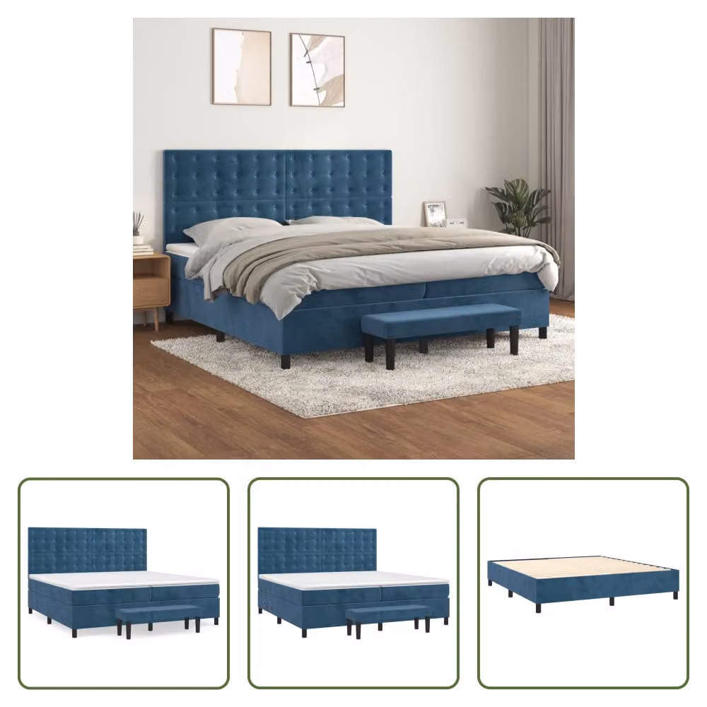 The Living Store Letto a molle con materasso blu scuro 200x200 cm in velluto
