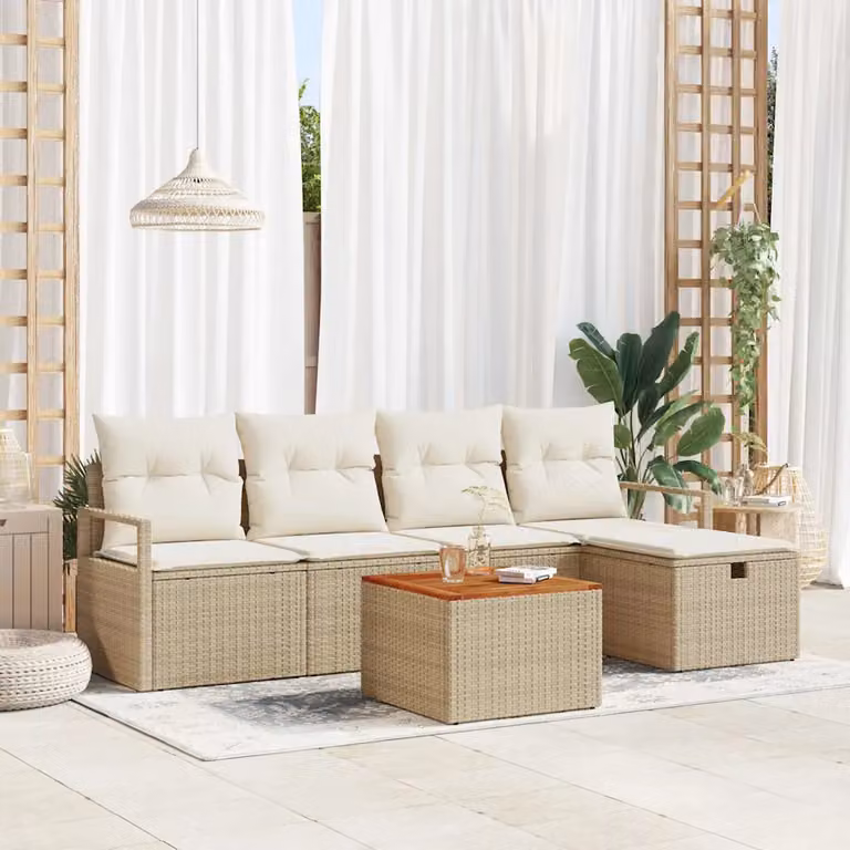 Set Divano da Giardino vidaXL 6 Pezzi in Polyrattan Beige con Cuscini e Tavolino