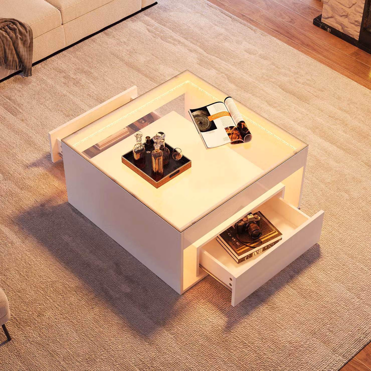 MODFU Tavolino da salotto bianco lucido con LED, tavolino con 2 cassetti e vetro temperato, tavolino da divano con design traforato, 70 x 70 x 35 cm