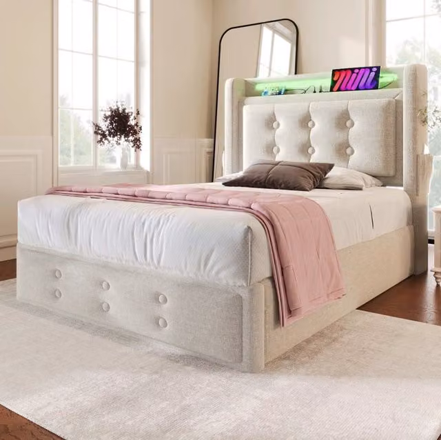 Letto 90x200 cm con materasso, LED, prese USB-C e contenitore in cotone-lino beige