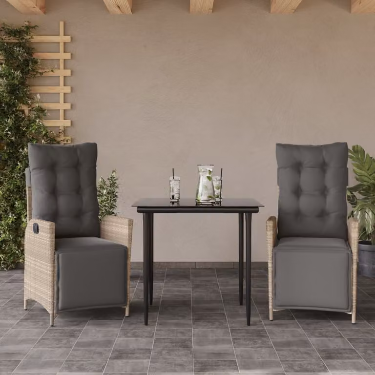 Set Pranzo da Giardino 3pz vidaXL in Polyrattan con Cuscini e Tavolo in Vetro Grigio Antracite
