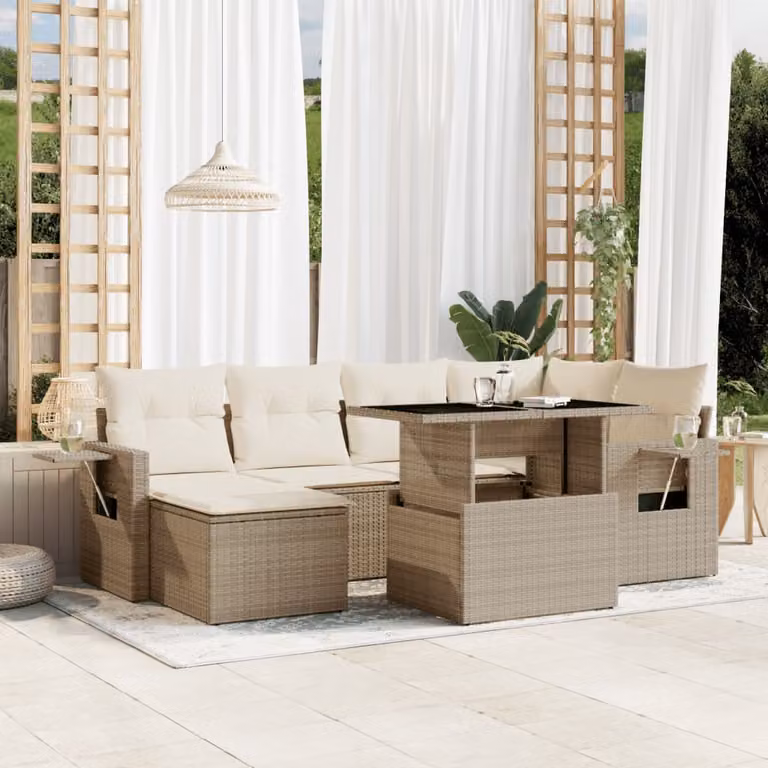 vidaXL Set Divani da Giardino 7 pz a Forma a L con Cuscini Beige e Tavolino in Polyrattan e Metallo