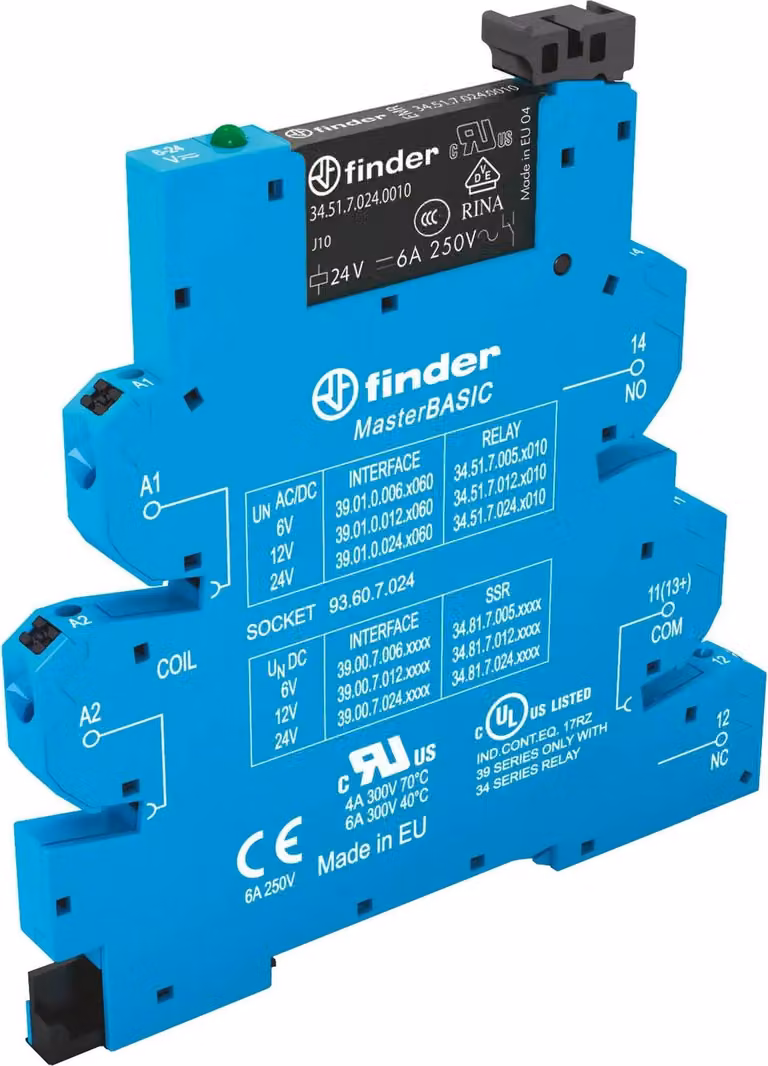 Relè di accoppiamento EMR Finder 39.01.024.0060, 24 V CA/CC, 1 inversore, 6 A, push-in, 10 pz.