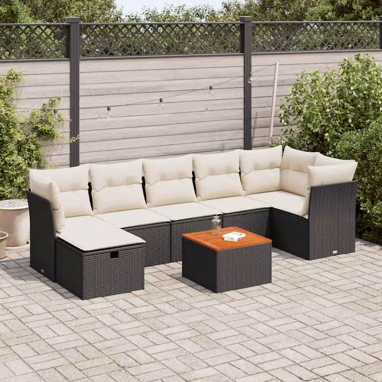 Set di divani da giardino vidaXL a forma di L con 8 pezzi, colore nero e bianco, in polyrattan con struttura in acciaio verniciato a polvere e cuscini rimovibili resistenti ai raggi UV