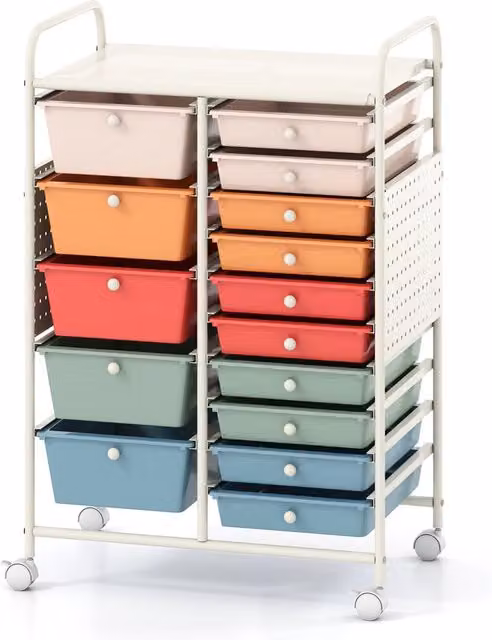 Carrello portaoggetti con 15 cassetti rimovibili e pannelli forati in metallo con ruote Multicolore – 1