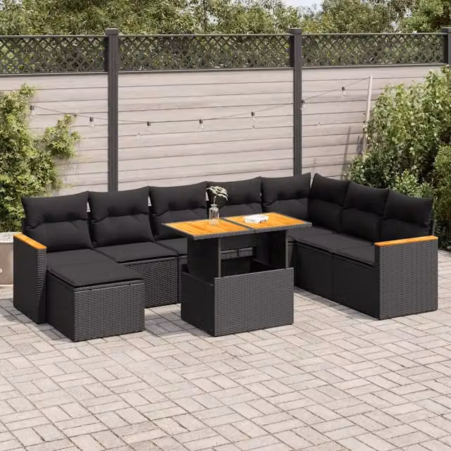 Set Divani da Giardino 9 pz con Cuscini Nero Polyrattan Acacia 3327520