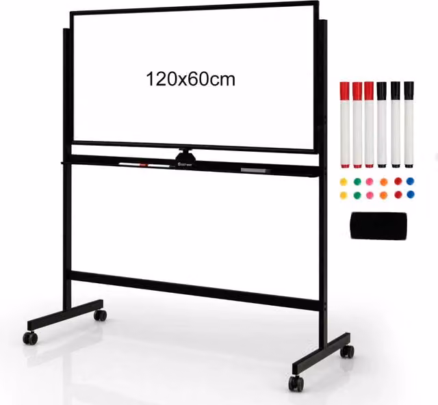 Lavagna magnetica mobile bifacciale con altezza regolabile in acciaio nero e bianco L: 126 cm, H: 145/165 cm