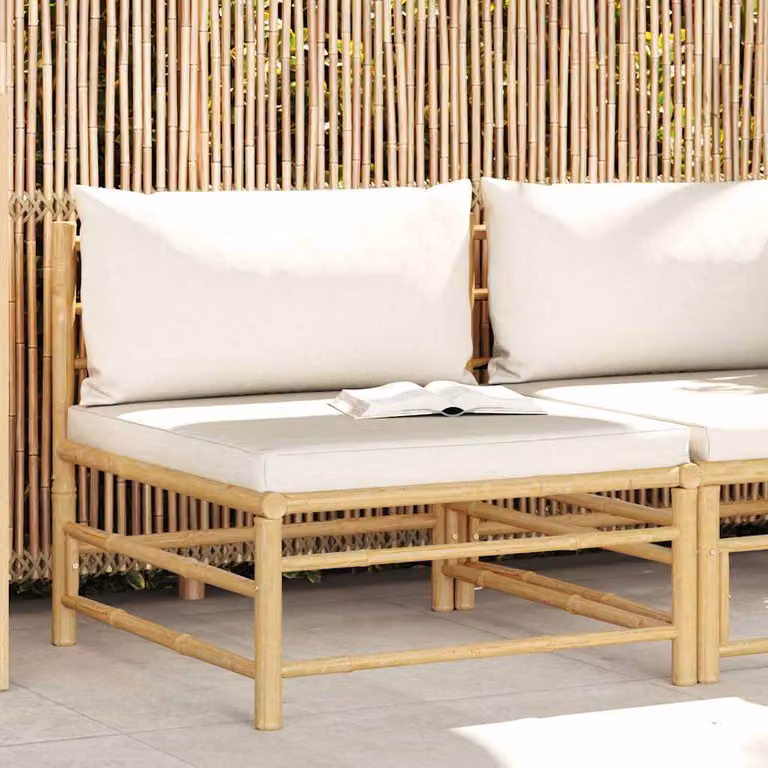 vidaXL Divano Centrale da Giardino in Bambù con Cuscini Bianco e Beige