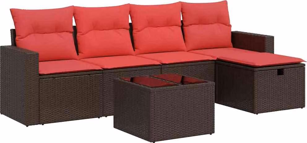 Set Divano da Giardino 6 pz con Cuscini Marrone in Polyrattan
