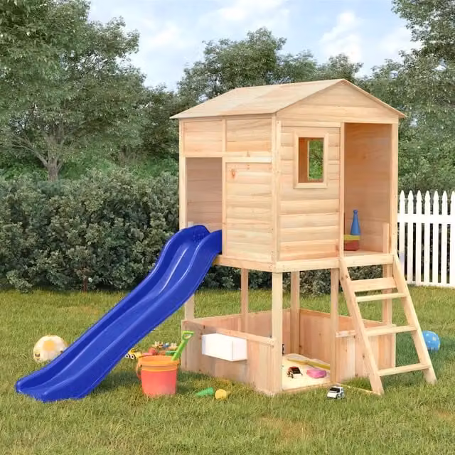 Set da gioco da esterno vidaXL con torre di gioco, scivolo e sabbiera in legno di abete e plastica multicolore L/P/H: 218,5 x 145 x 131,5 cm