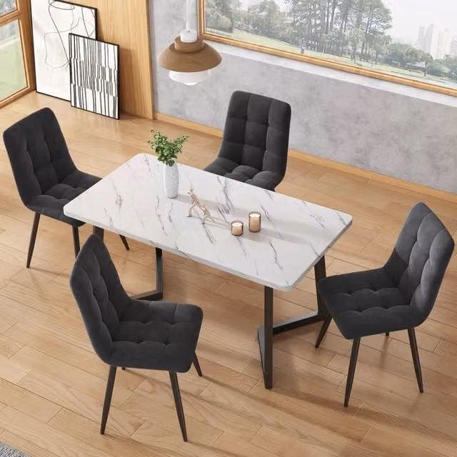Set tavolo da pranzo rettangolare Mivray con 4 sedie, piano in MDF laminato con decoro astratto e gambe in metallo, colori grigio, bianco e nero, L: 117 cm, P: 68 cm, H: 75 cm – 1