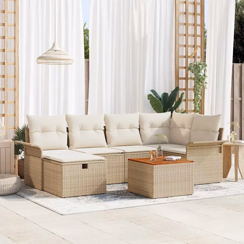 Set Divano da Giardino a L vidaXL 7 Pezzi Beige con Cuscini e Tavolino in Rattan e Acciaio