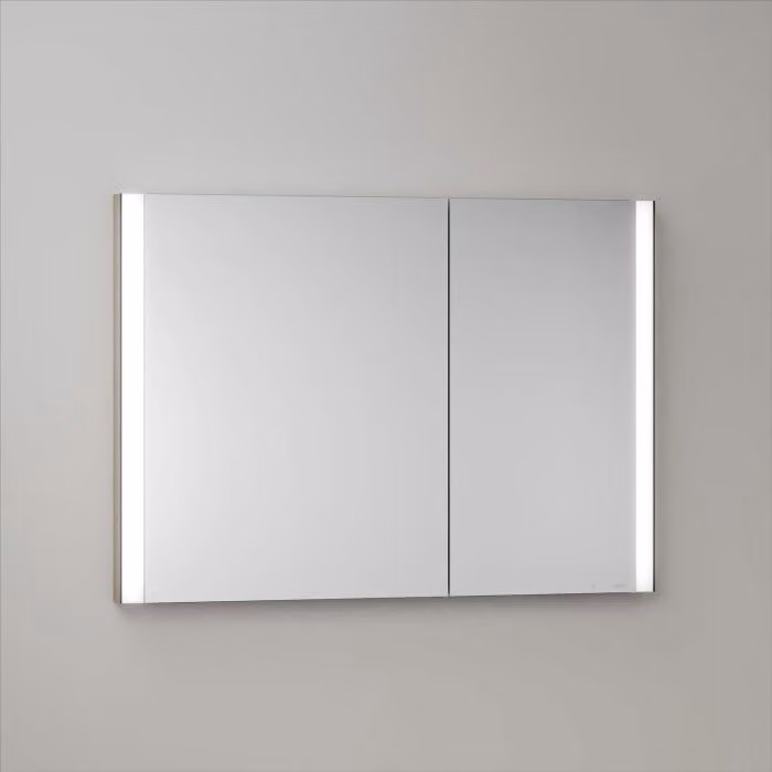 Mobile specchio a incasso LED Keuco Royal Metis, dimensioni 100 x 71 cm, con 2 ante asimmetriche, modello svizzero