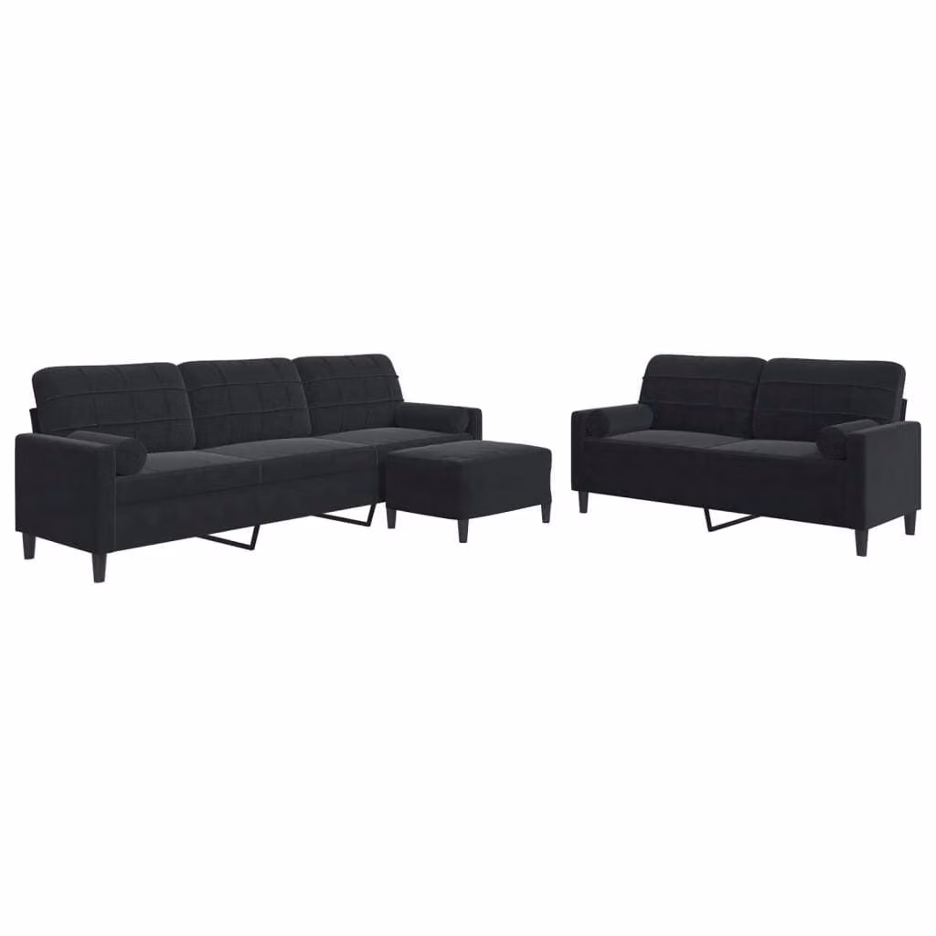 Set di Divani 3 pz con Cuscini e Rinforzi Nero in Velluto