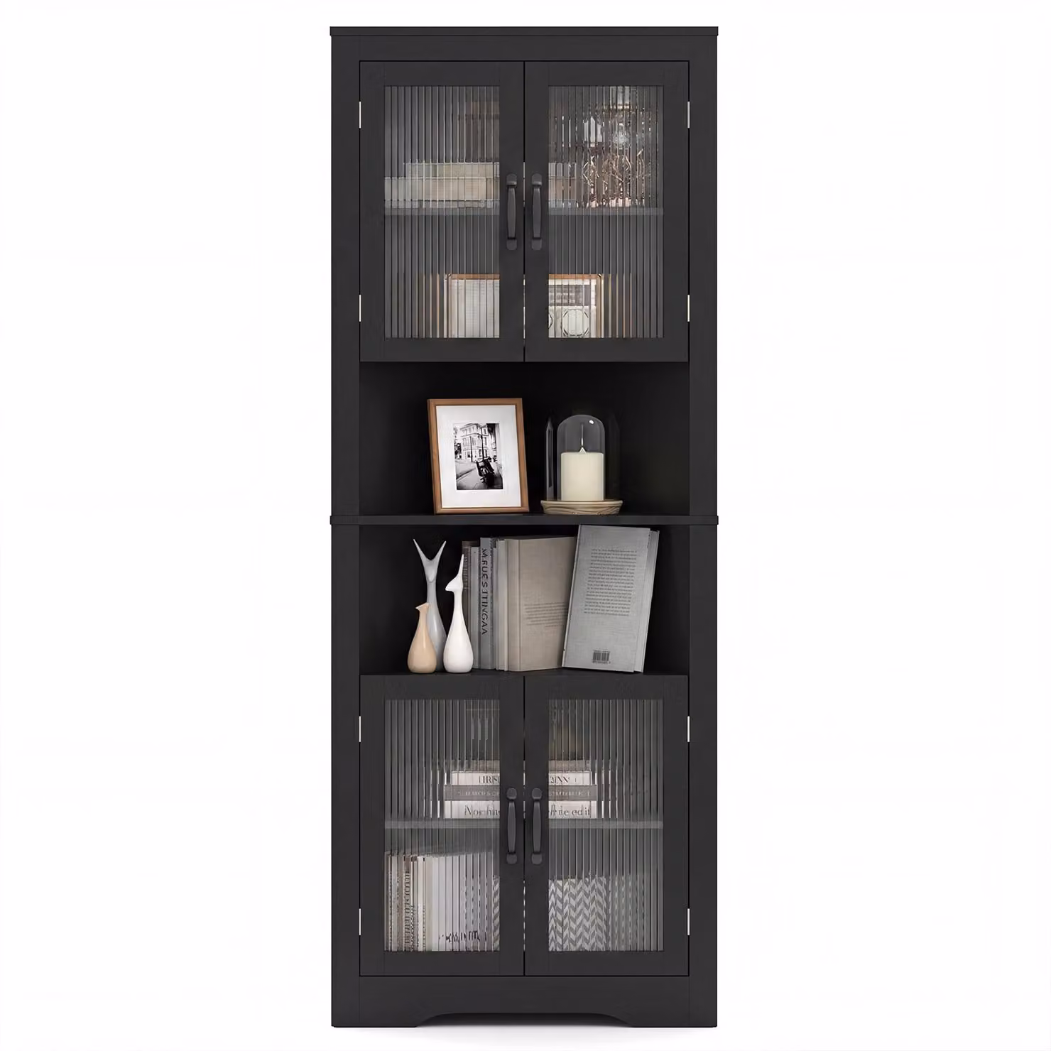 Mobiletto da cucina COSTWAY, pensile angolare con 4 ante in vetro e 6 ripiani, mobiletto buffet, mobiletto multifunzione, mobiletto alto, per cucina, sala da pranzo e soggiorno, colore nero