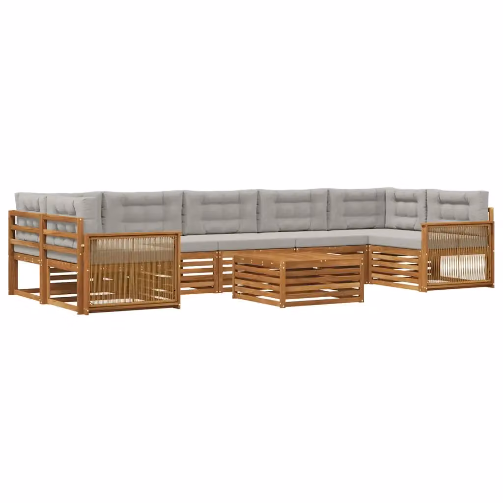 Set di divani da esterno vidaXL a forma di U con tavolo da caffè, struttura in legno di acacia e cuscini inclusi, beige e grigio – 2