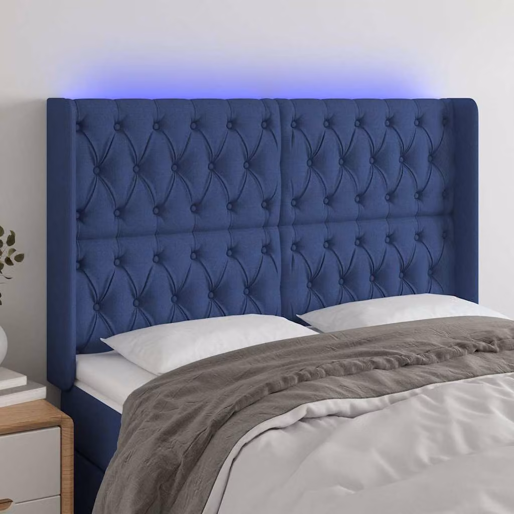 Testiera per letto vidaXL in tessuto blu con illuminazione LED e porta USB, L 147 x P 16 x H 118/128 cm – 1