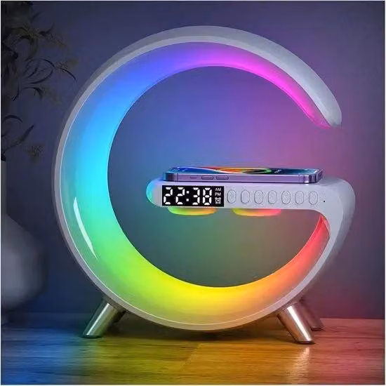 Caricabatterie wireless Qi con lampada LED, altoparlante Bluetooth, sveglia e luce ambientale 4 in 1, ricarica rapida USB-C - MoonCharge