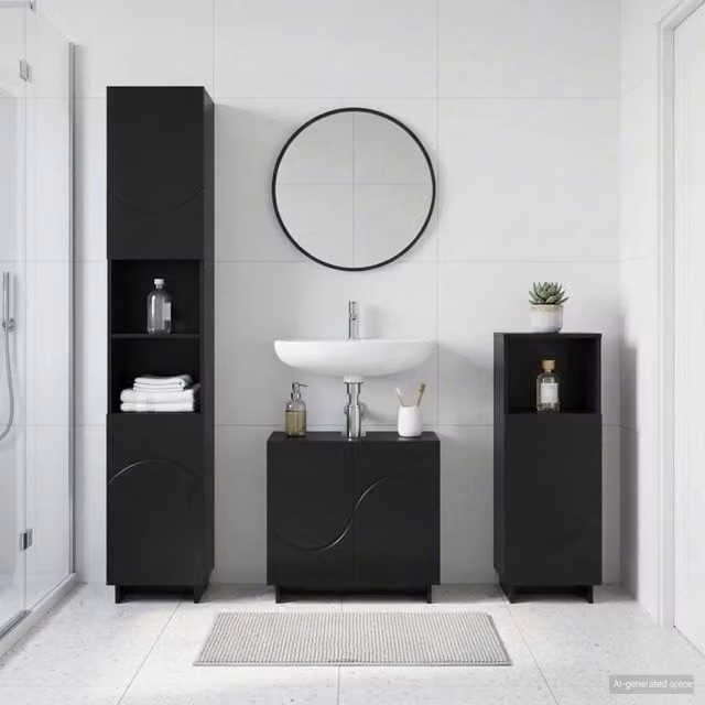 Set mobili da bagno moderni vidaXL in legno MDF nero opaco con armadio alto e ante a cerniera – 1