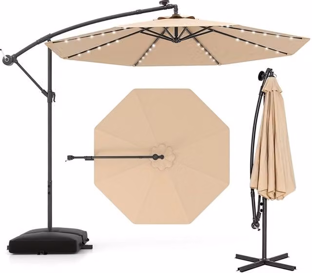 Ombrellone pendente da 350cm con 32 luci LED pannello solare batterie sacco di sabbia, Ombrellone da esterno Beige