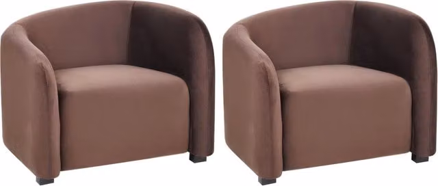 Set moderno ed elegante di 2 poltrone con schienale curvo e braccioli imbottiti in velluto marrone scuro