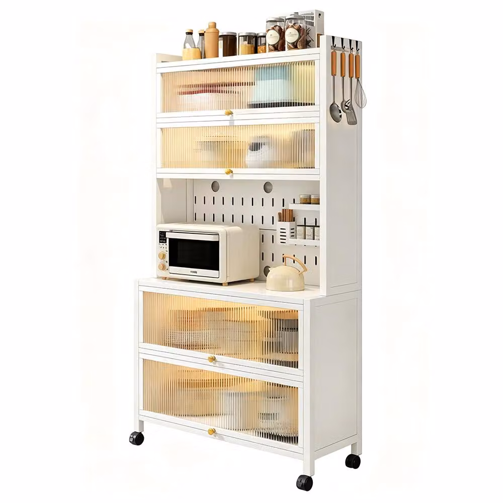Mobile da cucina a 6 ripiani, 100 cm, Acciaio al carbonio, dispensa con ante a ribalta semitrasparenti, ripiano su rotelle e piedini, per cucina e soggiorno