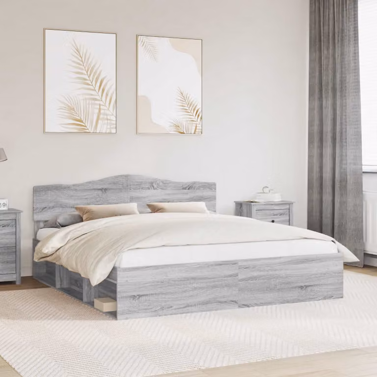 Struttura del letto moderna vidaXL in pino massello e MDF, colore Grigio Sonoma, L/P/H: 200 x 200 x 90 cm