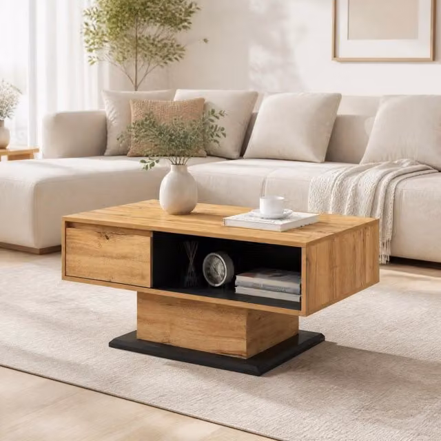 Tavolino basso Mivray marrone con cassetto senza maniglia e vano aperto bifacciale L: 100 cm, P: 47 cm, H: 60 cm