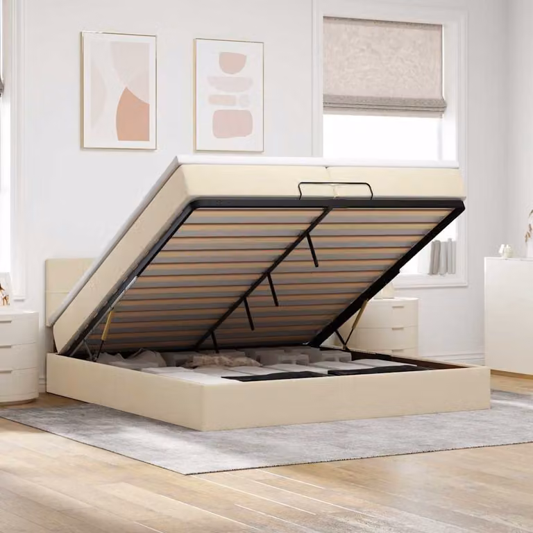 vidaXL Struttura Letto con Materasso e Base a Sollevamento in Tessuto Beige e Bianco, L/P: 200 x 200 cm